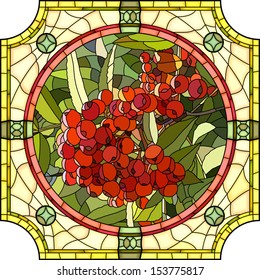 Vector mosaic with large cells of brightly red berries of mountain ash in round stained-glass window frame.