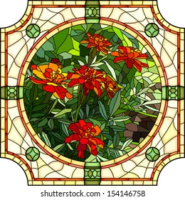 Vector mosaic with large cells of brightly red marigold with buds in round stained-glass window frame.