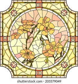 Vector mosaic with large cells of brightly orange flax with buds in round stained-glass window frame.