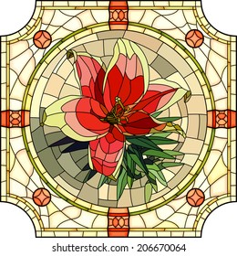 Vector mosaic with large cells of brightly red lily in round stained-glass window frame.