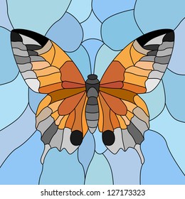 Vector mosaic with large cells of butterfly on blue.