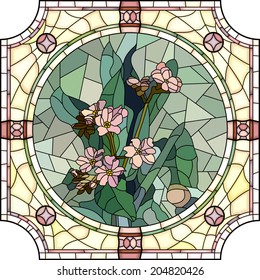 Vector mosaic with large cells of flowers forget-me-not with buds in round stained-glass window frame.