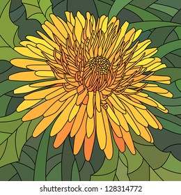 Vector mosaic with large cells of orange dandelion on green.