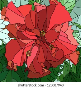 Vector mosaic with large cells of red hibiscus (Chinese rose) with leaves.