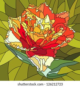 Vector mosaic with large cells of red fringed tulip flower with leaves on green.