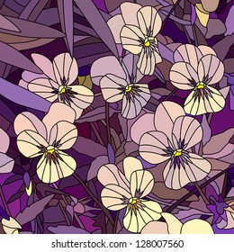 Vector mosaic with large cells of violets (Pansy) on purple.