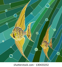 Vector mosaic with large cells of yellow fish with long fins in green water with bubbles.