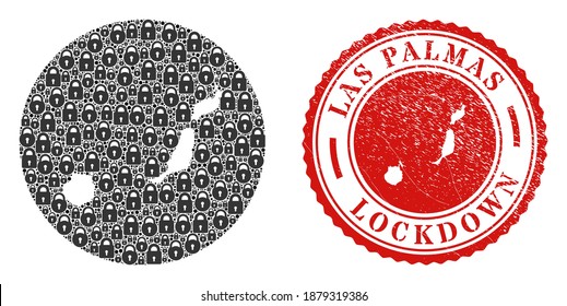 Vector mosaic Las Palmas Province map of locks and grunge LOCKDOWN seal stamp. Mosaic geographic Las Palmas Province map created as subtraction from round shape with black locks.