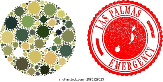 Vector mosaic Las Palmas Province map of sars virus icons and grunge EMERGENCY seal stamp.