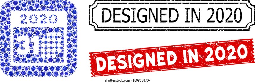 Vector mosaic last 2020 day and grunge Designed in 2020 seal stamps. Mosaic last 2020 day created as subtraction from rounded square with blue contagious icons.