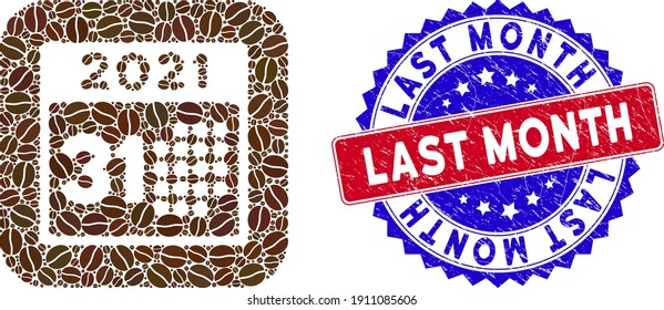 Vector mosaic last 2021 day and grunge bicolor Last Month seal stamp. Mosaic last 2021 day designed as hole from rounded square with cocoa beans.