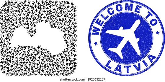 Vector mosaic Latvia map of airways elements and grunge Welcome badge. Collage geographic Latvia map constructed as carved shape from rounded square with air tourism.