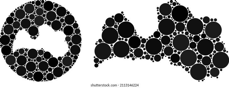 Vector mosaic Latvia map of circle parts. Mosaic geographic Latvia map constructed as subtraction from round shape with round parts in black colors. Dot vector mosaic Latvia map.