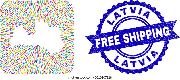 Vector mosaic Latvia map of leaving arrows and rubber Free Shipping badge. Mosaic Latvia map designed as hole from rounded square shape with away arrows.