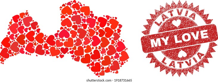 Vector mosaic Latvia map of love heart items and grunge My Love seal stamp. Mosaic geographic Latvia map created with valentine hearts.