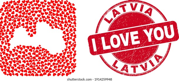 Vector mosaic Latvia map of lovely heart elements and grunge love seal. Mosaic geographic Latvia map created as stencil from rounded square using lovely hearts.