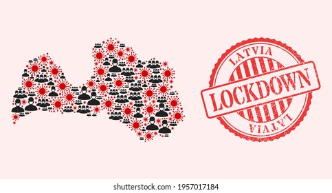Vector mosaic Latvia map of SARS virus, masked men and red grunge lockdown stamp. Virus particles and people in masks inside Latvia map. Red watermark with grunge rubber texture and LOCKDOWN word.