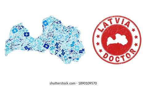 Vector mosaic Latvia map of vaccination icons, analysis symbols, and grunge doctor rubber imitation. Red round watermark with grunge rubber texture and Latvia map tag and map.