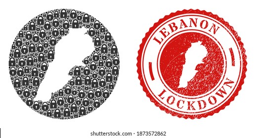 Vector mosaic Lebanon map of locks and grunge LOCKDOWN seal stamp. Mosaic geographic Lebanon map designed as subtraction from round shape with black locks.