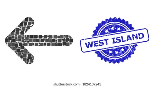 Vektor Mosaik links Pfeil und West Island Grunge Rosette Stempel Siegel. Die blaue Stempelrobbe hat eine Westinsel-Bildunterschrift in Rosette. Die quadratischen Elemente sind in eine abstrakte Illustration links Pfeilsymbol organisiert.