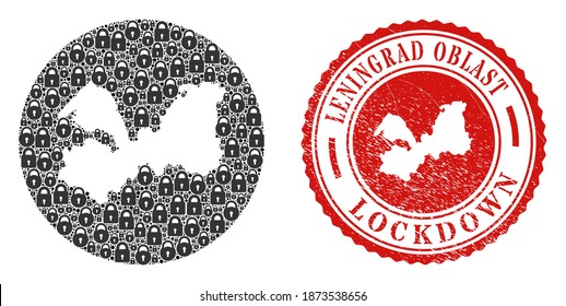 Vector mosaic Leningrad Region map of locks and grunge LOCKDOWN stamp. Mosaic geographic Leningrad Region map designed as subtraction from round shape with black locks.
