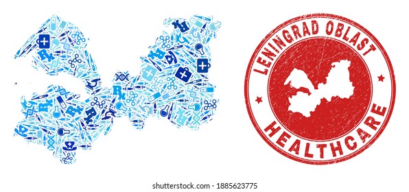 Vector mosaic Leningrad Region map with syringe icons, receipt symbols, and grunge healthcare seal. Red round seal with grunge rubber texture and Leningrad Region map text and map.