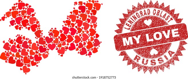 Vector mosaic Leningrad Region map of love heart items and grunge My Love stamp. Mosaic geographic Leningrad Region map designed using love hearts.