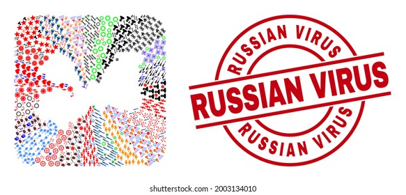 Vector mosaic Leningrad Region map of different icons and Russian Virus seal stamp. Mosaic Leningrad Region map created as carved shape from rounded square shape.