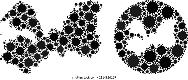 Vector mosaic Leningrad Region map of covid virus icons. Mosaic geographic Leningrad Region map constructed as carved shape from round shape with flu virus icons in black color hues.