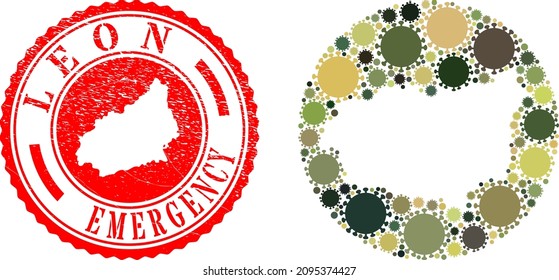 Vector mosaic Leon Province map of virus items and grunge EMERGENCY stamp. Mosaic geographic Leon Province map designed as subtraction from circle with sars virus items in camo military colors.