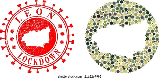 Vector mosaic Leon Province map of virus outbreak elements and grunge LOCKDOWN seal stamp.