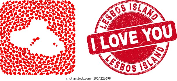 Vector mosaic Lesbos Island map of love heart items and grunge love seal. Collage geographic Lesbos Island map constructed as subtraction from rounded square shape with lovely hearts.
