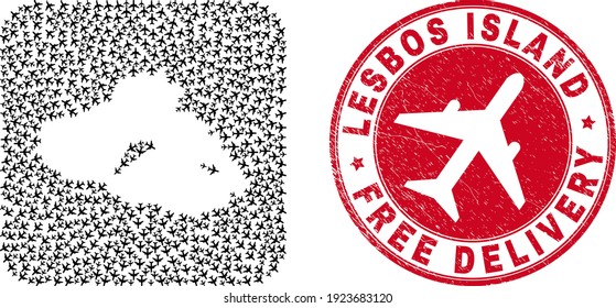 Vector mosaic Lesbos Island map of air force elements and grunge Free Delivery seal stamp. Collage geographic Lesbos Island map constructed as hole from rounded square with moving out jet vehicles.