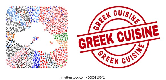 Vector mosaic Lesbos Island map of different pictograms and Greek Cuisine stamp. Mosaic Lesbos Island map created as stencil from rounded square. Red round stamp with Greek Cuisine caption.
