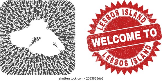 Vector mosaic Lesbos Island map of straight arrows and rubber Welcome badge. Mosaic geographic Lesbos Island map constructed as hole from rounded square shape with moving arrows.