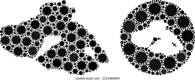 Vector mosaic Lesbos Island map of covid virus icons. Mosaic geographic Lesbos Island map constructed as carved shape from round shape with virus outbreak icons in black colors.