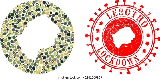 Vector mosaic Lesotho map of coronavirus items and grunge LOCKDOWN seal. Mosaic geographic Lesotho map constructed as carved shape from round shape with covid virus items in khaki army color hues.