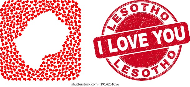 Vector mosaic Lesotho map of lovely heart elements and grunge love stamp. Mosaic geographic Lesotho map designed as carved shape from rounded square shape with love hearts.