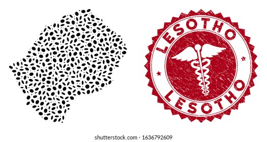 Vector mosaic Lesotho map and red rounded rubber stamp seal with health care icon. Lesotho map collage composed with oval elements. Red rounded health care stamp, with distress texture.