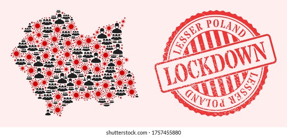 Vector mosaic Lesser Poland Voivodeship map of flu virus, masked men and red grunge lockdown seal stamp. Virus cells and men in masks inside Lesser Poland Voivodeship map.