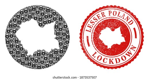 Vector mosaic Lesser Poland Voivodeship map of locks and grunge LOCKDOWN seal stamp. Mosaic geographic Lesser Poland Voivodeship map created as carved shape from round shape with black locks.