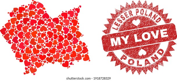 Vector mosaic Lesser Poland Voivodeship map of love heart elements and grunge My Love seal stamp. Mosaic geographic Lesser Poland Voivodeship map constructed with love hearts.