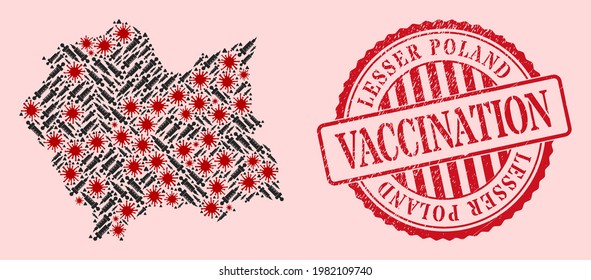 Vector mosaic Lesser Poland Voivodeship map of coronavirus, vaccine icons, and red grunge vaccine seal stamp. Virus items and vaccine items inside Lesser Poland Voivodeship map.