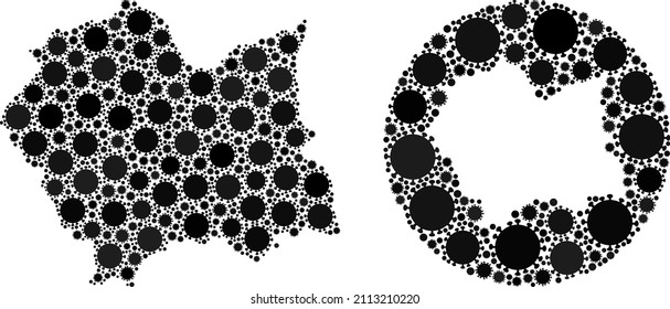 Vector mosaic Lesser Poland Voivodeship map of virus icons. Mosaic geographic Lesser Poland Voivodeship map constructed as subtraction from circle with covid virus icons in black color hues.