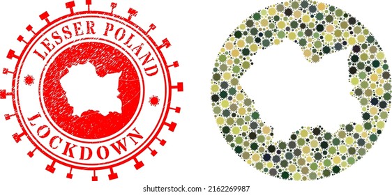 Vector mosaic Lesser Poland Voivodeship map of flu virus icons and grunge LOCKDOWN badge.