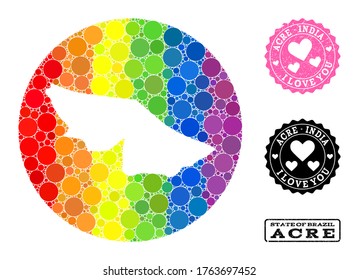 Vector mosaic LGBT map of Acre State with round items, and Love scratched stamp. Subtraction circle map of Acre State collage designed with circles in various sizes, and spectrum bright color hues.