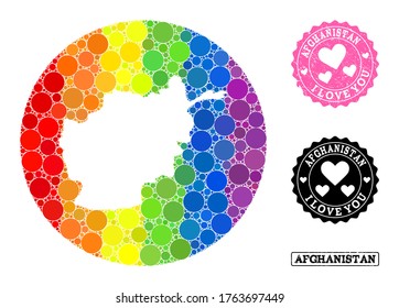 Mapa de mosaico de vectores LGBT de Afganistán con elementos de círculo, y sello de amor rayado. Mapa circular esténcil del collage de Afganistán diseñado con círculos de diferentes tamaños,