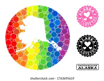 Mapa de mosaico vector LGBT del estado de Alaska con puntos esféricos, y sello de sello de amor arañado. Mapa de la ronda de subtracción del collage del estado de Alaska compuesto por círculos de varios tamaños,