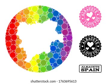 Vector mosaic LGBT map of Albacete Province with circle spots, and Love grunge seal stamp. Stencil circle map of Albacete Province collage designed with circles in various sizes,
