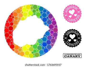 Vector mosaic LGBT map of Alegranza Island with spheric elements, and Love rubber seal. Subtraction round map of Alegranza Island collage composed with circles in various sizes,